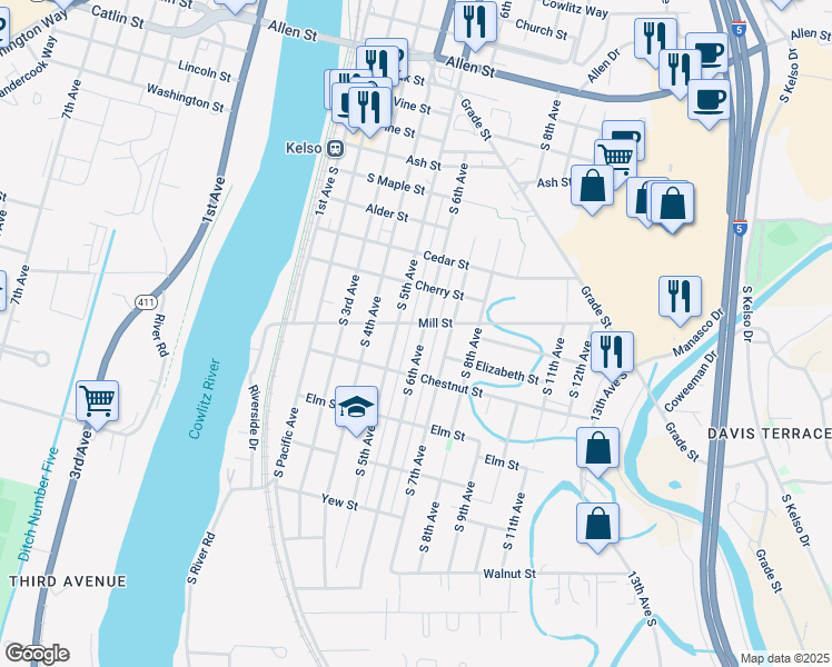 map of restaurants, bars, coffee shops, grocery stores, and more near 1003 South 6th Avenue in Kelso