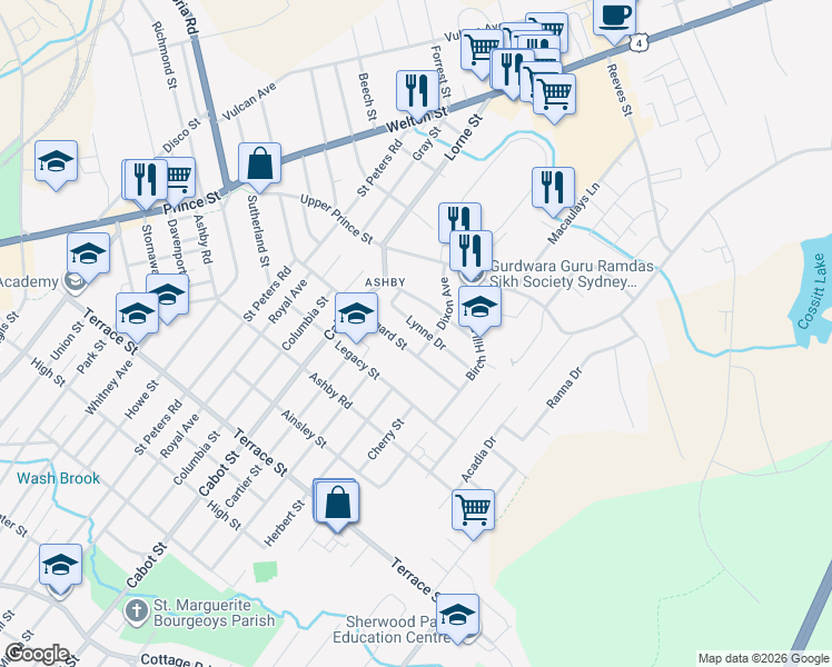 map of restaurants, bars, coffee shops, grocery stores, and more near 28 Lynne Drive in Sydney