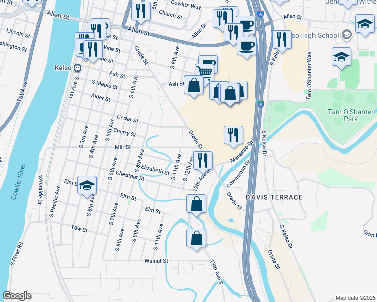 map of restaurants, bars, coffee shops, grocery stores, and more near 907 South 12th Avenue in Kelso
