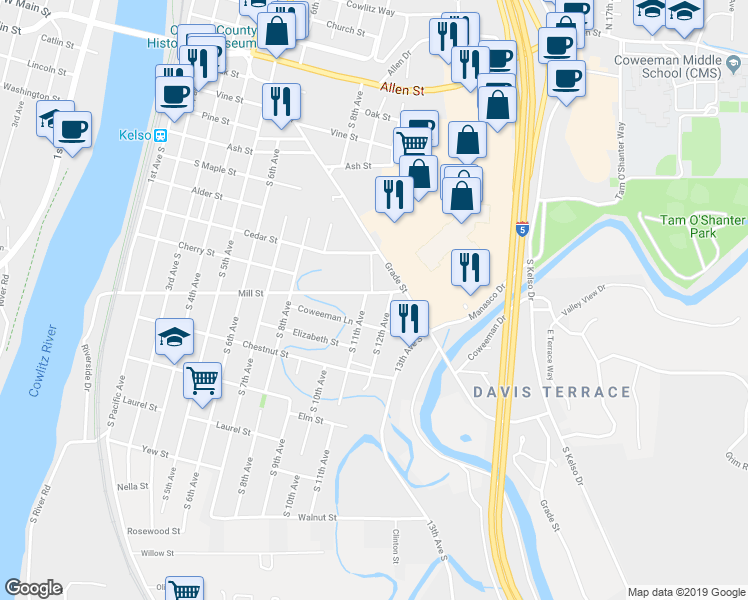 map of restaurants, bars, coffee shops, grocery stores, and more near 907 South 12th Avenue in Kelso