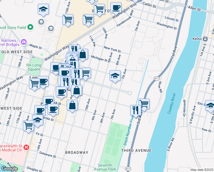map of restaurants, bars, coffee shops, grocery stores, and more near 815 Broadway Street in Longview