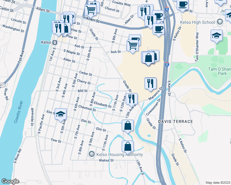 map of restaurants, bars, coffee shops, grocery stores, and more near 1006 Mill Street in Kelso