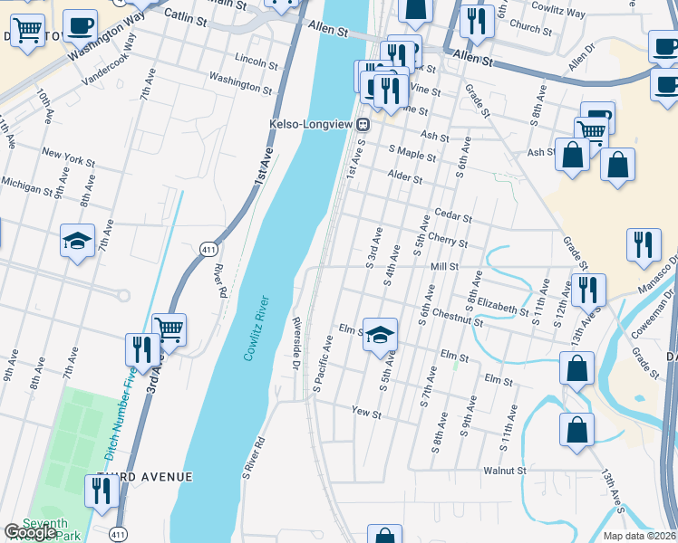 map of restaurants, bars, coffee shops, grocery stores, and more near 1001 South Pacific Avenue in Kelso