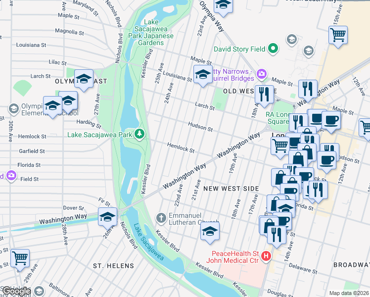 map of restaurants, bars, coffee shops, grocery stores, and more near 2198 Hemlock Street in Longview