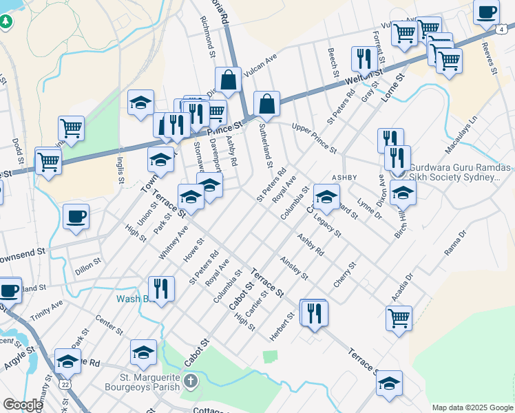 map of restaurants, bars, coffee shops, grocery stores, and more near 320 Saint Peters Road in Sydney