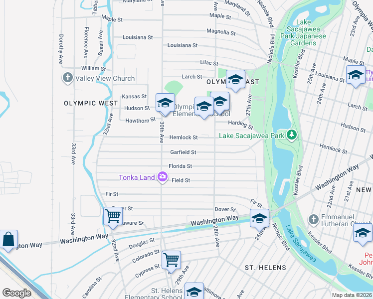 map of restaurants, bars, coffee shops, grocery stores, and more near 2843 Garfield Street in Longview