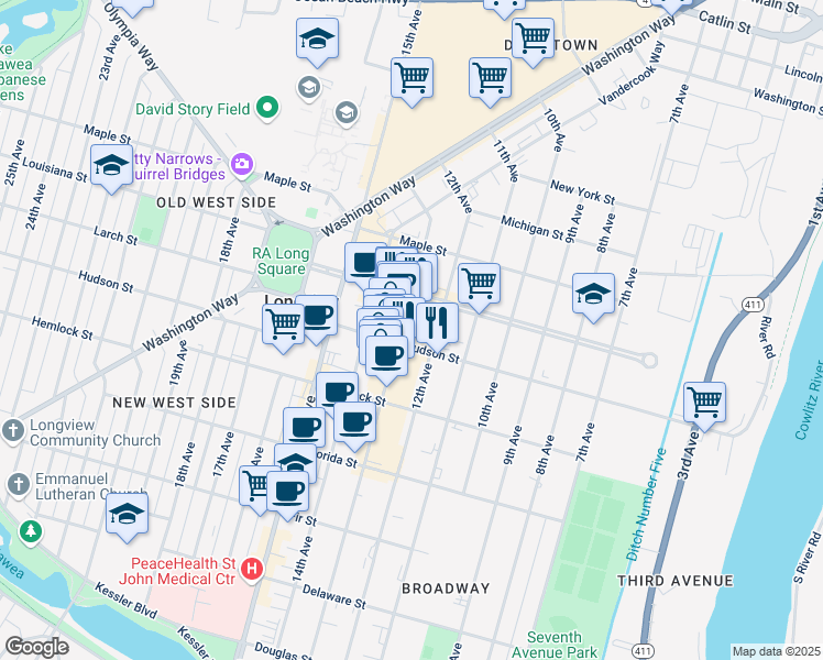 map of restaurants, bars, coffee shops, grocery stores, and more near 1250 Hudson Street in Longview