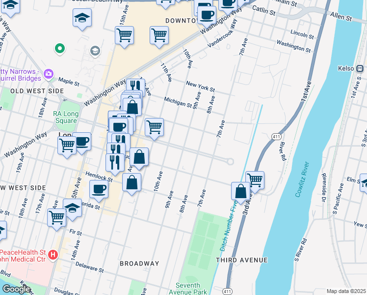 map of restaurants, bars, coffee shops, grocery stores, and more near 815 Broadway Street in Longview