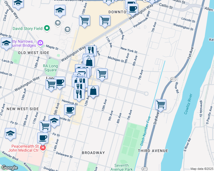 map of restaurants, bars, coffee shops, grocery stores, and more near 1330 11th Avenue in Longview