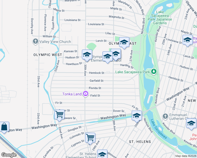 map of restaurants, bars, coffee shops, grocery stores, and more near 2843 Garfield Street in Longview