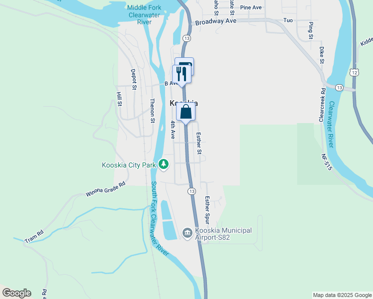 map of restaurants, bars, coffee shops, grocery stores, and more near Main Street in Kooskia