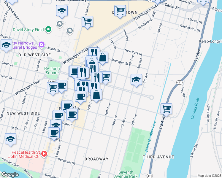 map of restaurants, bars, coffee shops, grocery stores, and more near 1330 11th Avenue in Longview