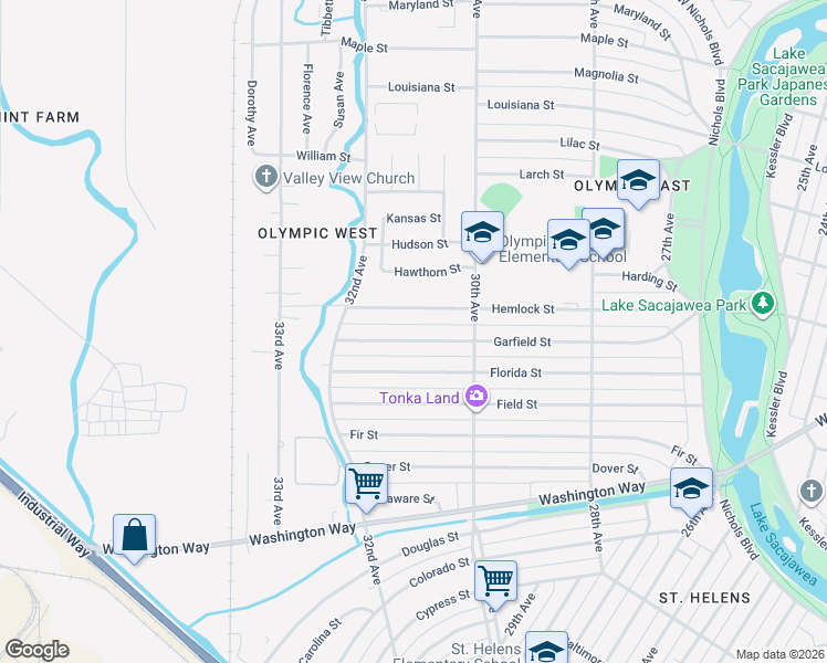 map of restaurants, bars, coffee shops, grocery stores, and more near 3043 Garfield Street in Longview
