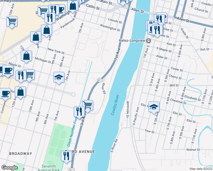map of restaurants, bars, coffee shops, grocery stores, and more near 1508 River Road in Longview