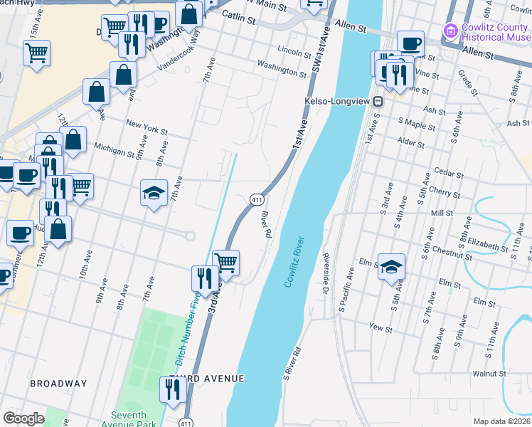 map of restaurants, bars, coffee shops, grocery stores, and more near 1500 3rd Avenue in Longview