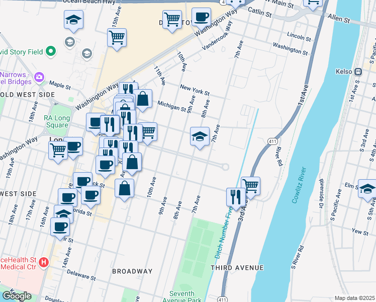 map of restaurants, bars, coffee shops, grocery stores, and more near 815 Broadway Street in Longview
