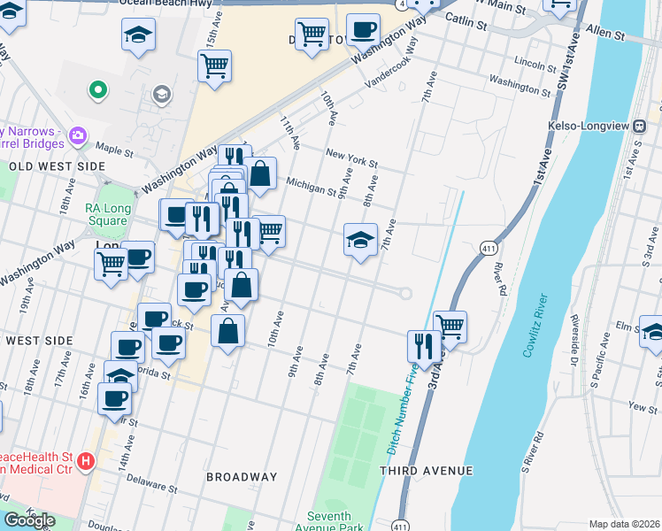 map of restaurants, bars, coffee shops, grocery stores, and more near 815 Broadway Street in Longview