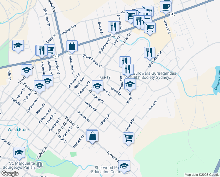 map of restaurants, bars, coffee shops, grocery stores, and more near 275 Lisgard Street in Sydney