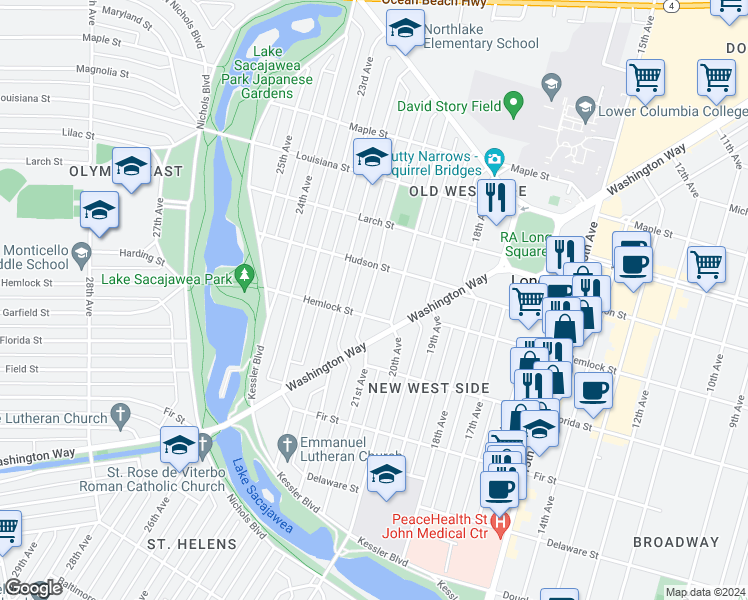 map of restaurants, bars, coffee shops, grocery stores, and more near 2030 Hemlock Street in Longview