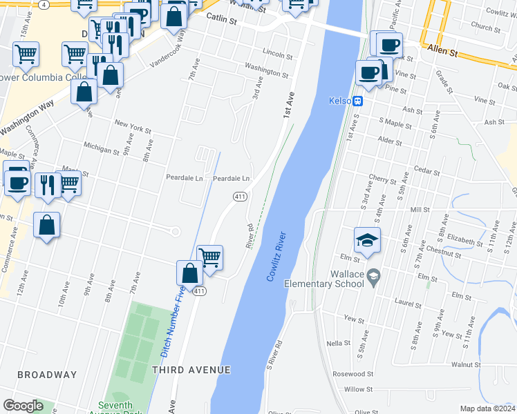 map of restaurants, bars, coffee shops, grocery stores, and more near 1548 River Road in Longview