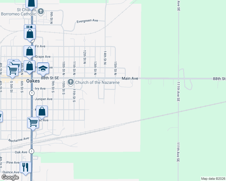map of restaurants, bars, coffee shops, grocery stores, and more near 108 South 15th Street in Oakes