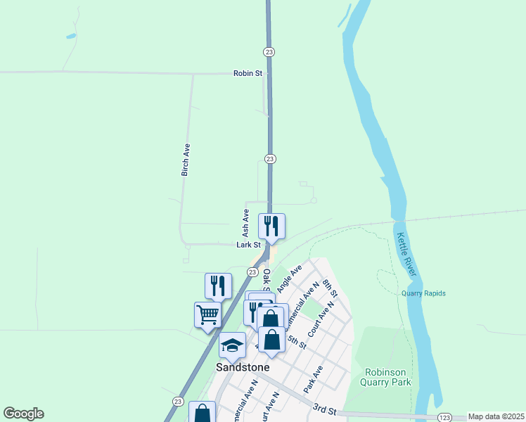 map of restaurants, bars, coffee shops, grocery stores, and more near 1214 Ash Avenue in Sandstone