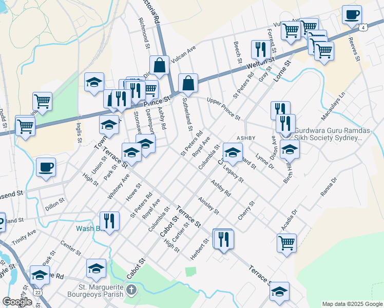 map of restaurants, bars, coffee shops, grocery stores, and more near 327 Royal Avenue in Sydney