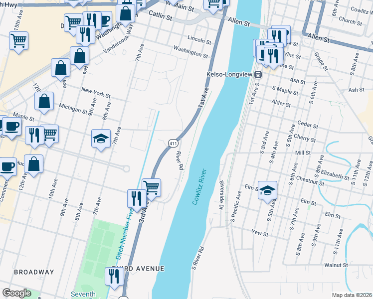 map of restaurants, bars, coffee shops, grocery stores, and more near 1508 River Road in Longview