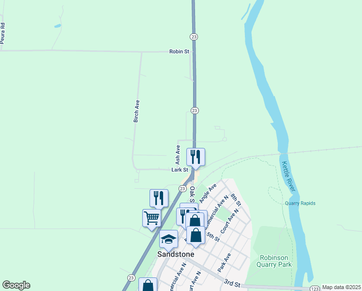 map of restaurants, bars, coffee shops, grocery stores, and more near 1214 Ash Avenue in Sandstone