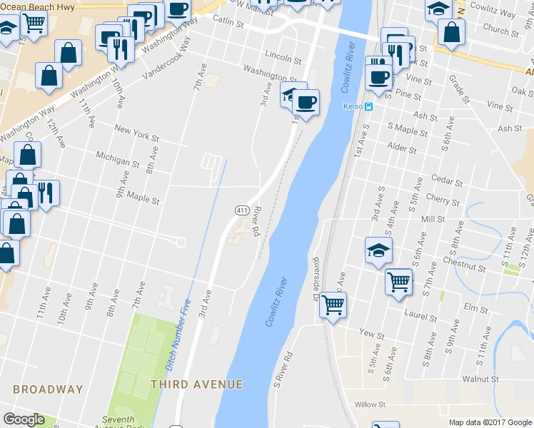 map of restaurants, bars, coffee shops, grocery stores, and more near 1548 River Road in Longview