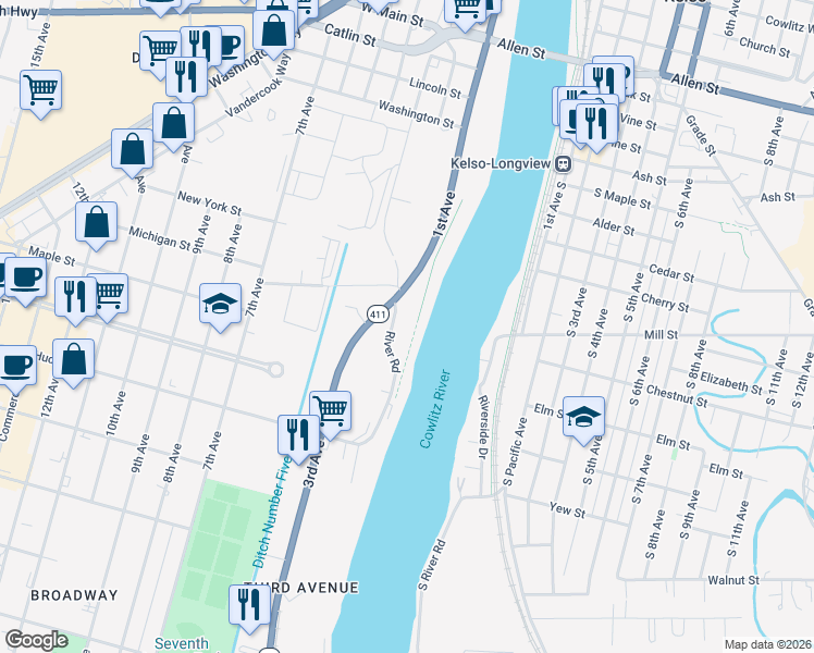 map of restaurants, bars, coffee shops, grocery stores, and more near 1508 River Road in Longview