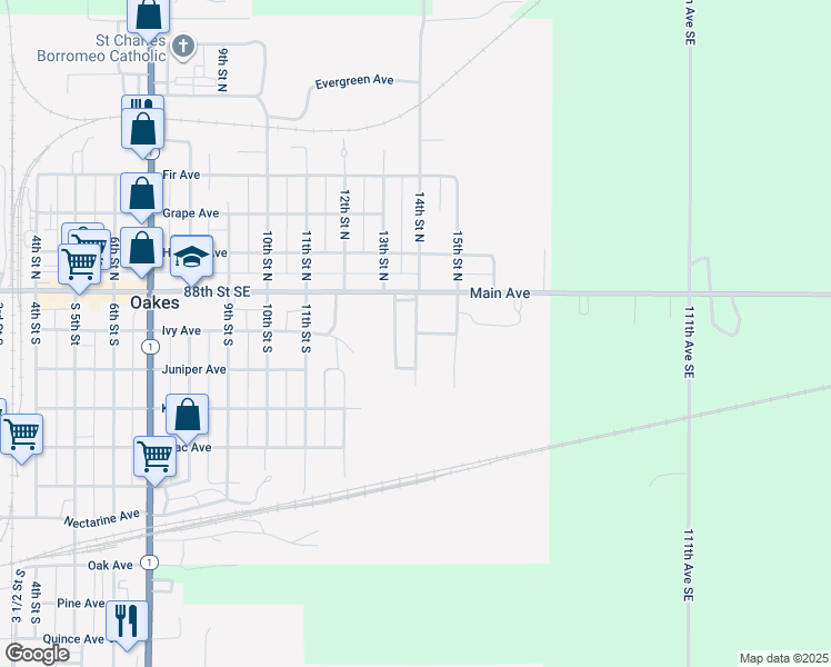 map of restaurants, bars, coffee shops, grocery stores, and more near 14th Street South in Oakes