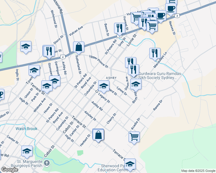 map of restaurants, bars, coffee shops, grocery stores, and more near 249 Lisgard Street in Sydney