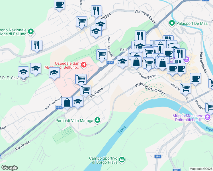 map of restaurants, bars, coffee shops, grocery stores, and more near 86 Via Feltre in Belluno