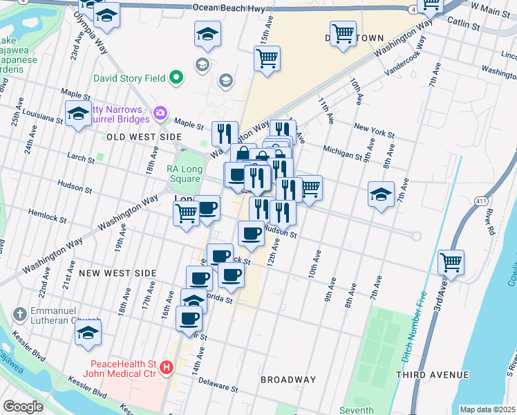 map of restaurants, bars, coffee shops, grocery stores, and more near 1329 Commerce Avenue in Longview