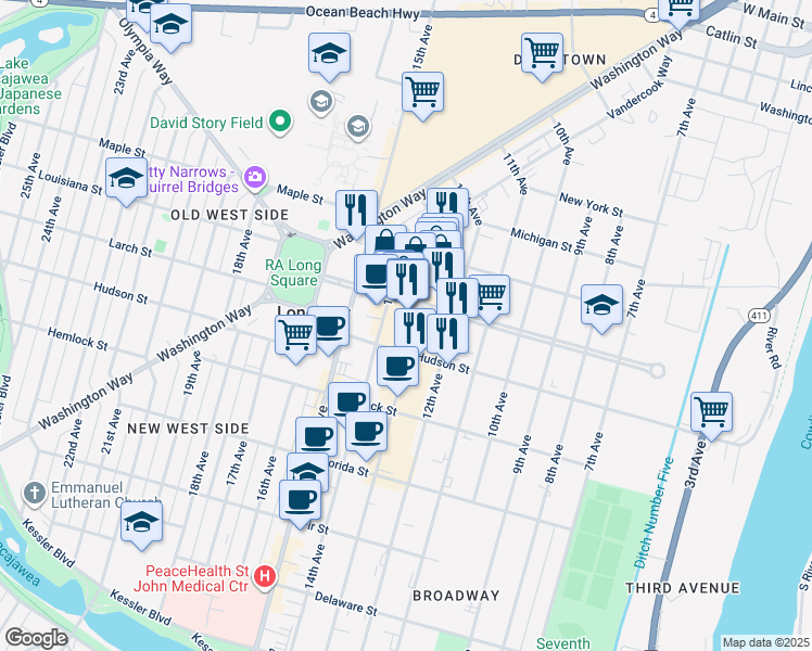 map of restaurants, bars, coffee shops, grocery stores, and more near 1329 Commerce Avenue in Longview