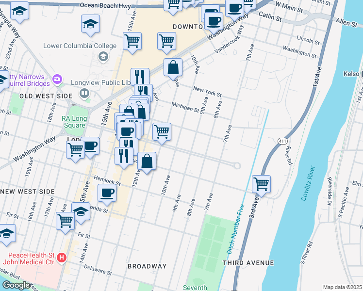 map of restaurants, bars, coffee shops, grocery stores, and more near 1434 10th Avenue in Longview