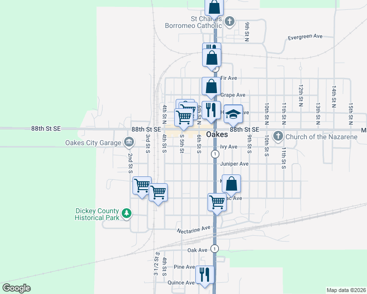 map of restaurants, bars, coffee shops, grocery stores, and more near 412 Main Ave in Oakes