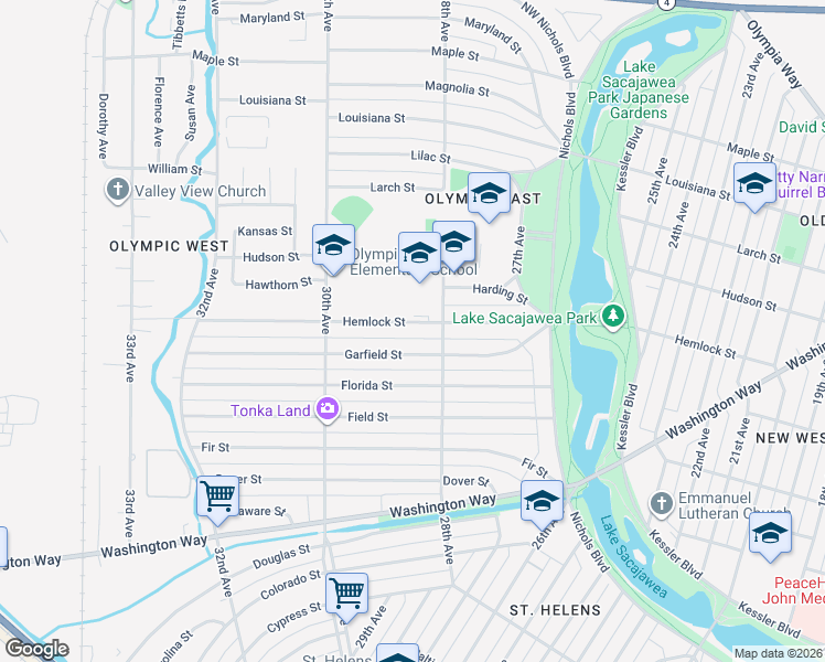 map of restaurants, bars, coffee shops, grocery stores, and more near 1225 28th Avenue in Longview