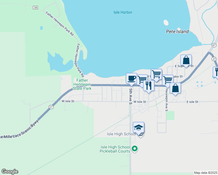 map of restaurants, bars, coffee shops, grocery stores, and more near 730 West Main Street in Isle