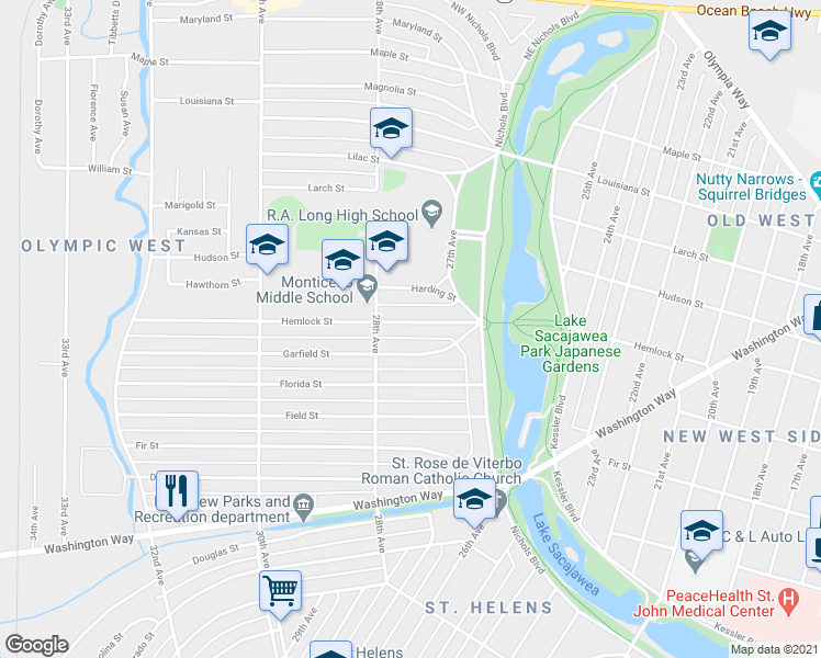 map of restaurants, bars, coffee shops, grocery stores, and more near 2719 Hemlock Street in Longview