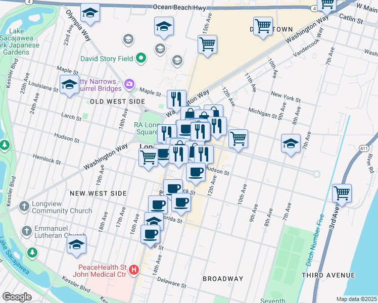 map of restaurants, bars, coffee shops, grocery stores, and more near 1346 14th Avenue in Longview
