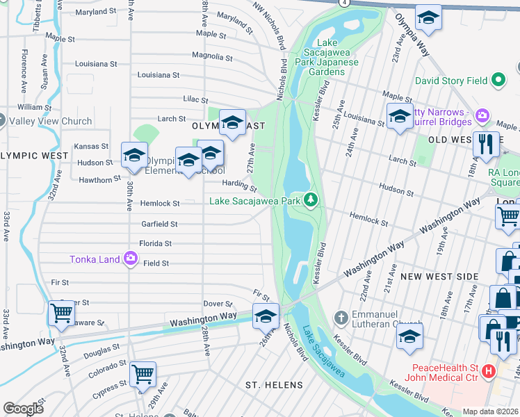 map of restaurants, bars, coffee shops, grocery stores, and more near 2609 Hemlock Street in Longview