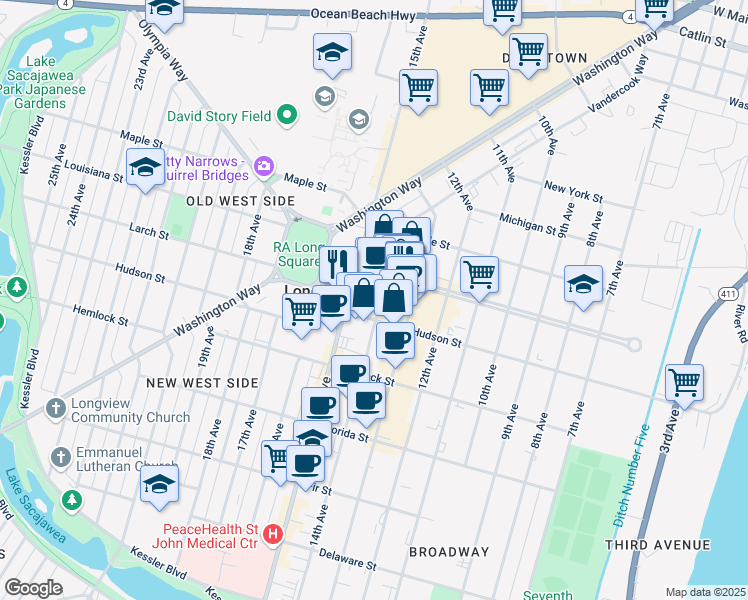 map of restaurants, bars, coffee shops, grocery stores, and more near 1347 14th Avenue in Longview