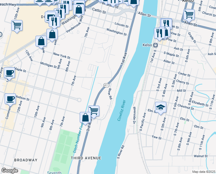 map of restaurants, bars, coffee shops, grocery stores, and more near 1555 3rd Avenue in Longview