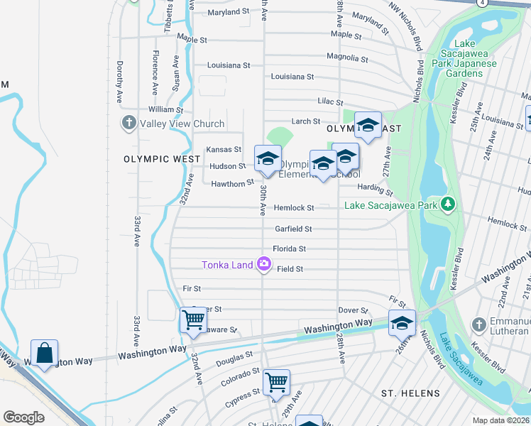 map of restaurants, bars, coffee shops, grocery stores, and more near 1211 30th Avenue in Longview