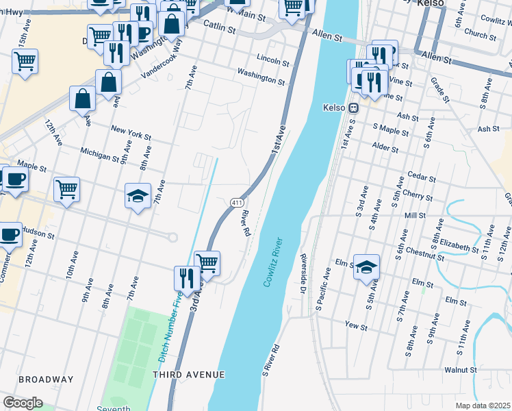 map of restaurants, bars, coffee shops, grocery stores, and more near 1548 River Road in Longview