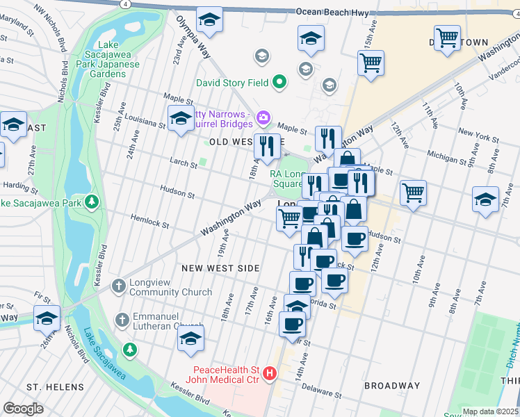 map of restaurants, bars, coffee shops, grocery stores, and more near 11 Washington Way in Longview