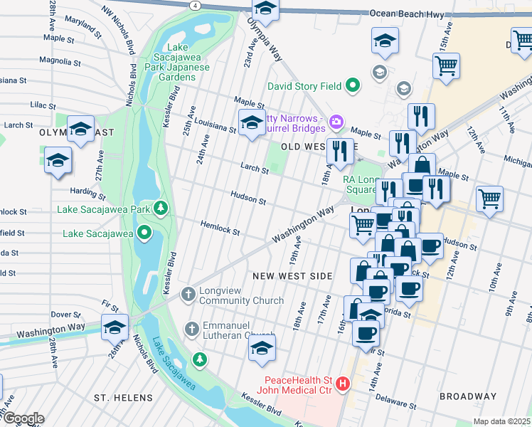 map of restaurants, bars, coffee shops, grocery stores, and more near 1237 20th Avenue in Longview