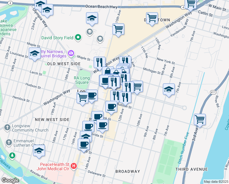 map of restaurants, bars, coffee shops, grocery stores, and more near 1300 Broadway Street in Longview